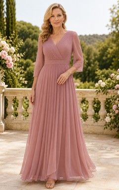MOB-Kleid, altrosa Tüll, A-Linie, 3/4-Ärmel, V-Ausschnitt, bodenlang, plissiert