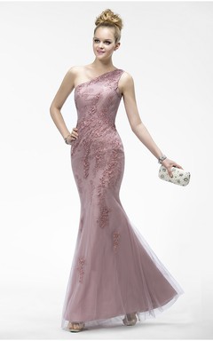 Robe sirène asymétrique élégante sans manches en tulle avec appliques et fermeture éclair
