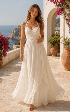 Robe de soirée ivoire en mousseline ivoire à col halter et coupe trapèze