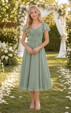 Celadonfarbenes Brautjungfernkleid für junge Damen, A-Linie, V-Ausschnitt, kurze Blütenblattärmel, Teelänge, lässig