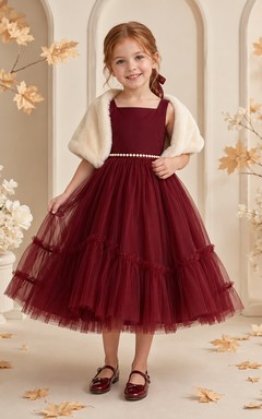 Luxury Tea-Length Ball Gown Flower Girl Burgundy Satin Tulle Ruffle Cape Dress with Square Neck