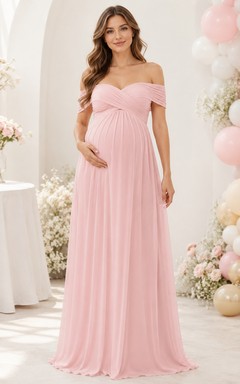 Romantisches, bodenlanges Umstandskleid aus Chiffon in zartem Rosa mit schulterfreiem Rock, Falten und Empire-Schnitt