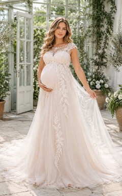 Umstands-Hochzeitskleid im A-Linien-Stil mit Spitze, kurzen Ärmeln und Greenhouse-Stil
