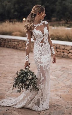 Modern Illusion Lace Wedding Dress with Sheer Long Sleeves