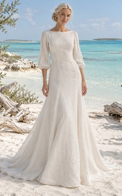 Schlichtes Leinen-Brautkleid mit U-Boot-Ausschnitt, Dreiviertelärmeln und A-Linien-Rock