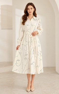 Robe midi à manches longues et col chemise à motif linéaire