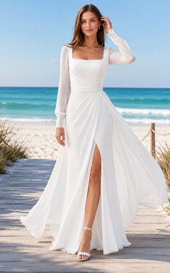 Modern Square Neck Long Sleeve Ruched Split Chiffon Sweep Beach Wedding Dress