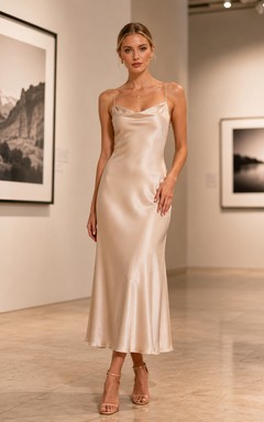 Robe nuisette midi en satin champagne à col bénitier, style exposition photo