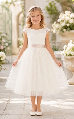 Flower Girl Dress A-Line Cream Soft Lined Tulle Bow Cap Shoulder Formal