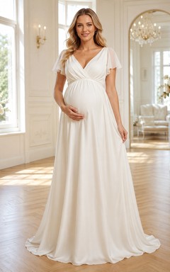Umstands-Hochzeitskleid aus Chiffon mit V-Ausschnitt, Falten und kurzen Ärmeln, bodenlang