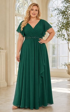 Vestido formal de gasa de corte A, talla grande, cuello en V, manga corta, color verde oscuro