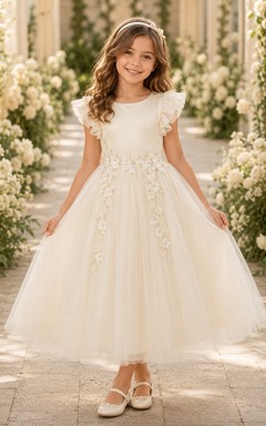Blumenmädchenkleid aus elfenbeinfarbener Spitze und Tüll, A-Linie, Rundhalsausschnitt, Teelänge