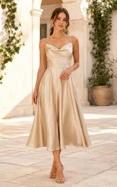 Elegant Champagne Cowl Spaghetti Satin A-Line Tea-Length Formal Guest Dress