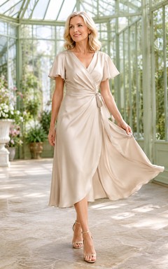 Champagne Vintage V-Neck Satin A-Line Tea-Length Mother of the Bride Wrap Dress with Flutter Sleeves and Tie Waist