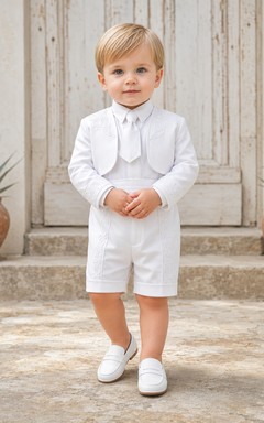 Klassisches weißes Bolero-Set mit langen Ärmeln, Charro Bautizo und Shorts für Jungen