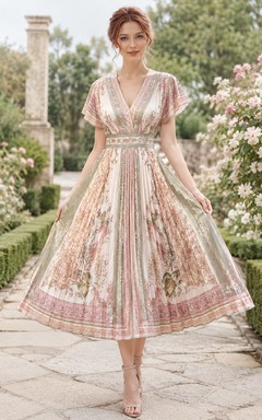 Vestido midi plisado con escote en V y estampado de bufanda color rosa empolvado para ocasiones especiales.