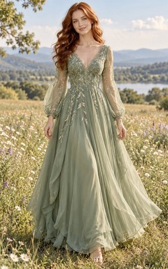 Robe de bal en mousseline superposée, col en V, dentelle à feuilles, couleur sauge, manches longues