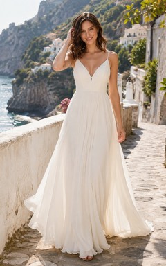 Chiffon-Brautkleid mit tiefem Rückenausschnitt und V-Ausschnitt für eine mediterrane Hochzeit an einer Klippe