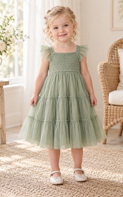 Teelanges, salbeigrünes Sommerkleid in A-Linie aus Tüll mit eckigem Ausschnitt, flatternden Ärmeln und Smokdetails für Blumenmädchen