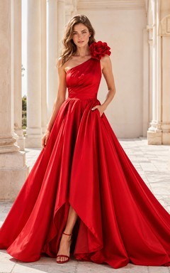 Red One Shoulder Satin Flower Ball Gown Classic