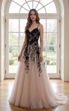 Black and Blush Applique Tulle Prom Dress with Spaghetti Straps and A-Line Skirt