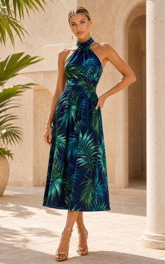 Dark Navy Tropical Palm Halter Satin Midi Guest Dress