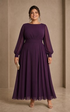 Plus Size Pflaumenfarbenes Chiffon-Kleid in A-Linie mit langen Puffärmeln