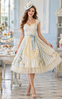 Vestido de fiesta vintage azul de gasa con cuello cuadrado, manga corta y corte en A hasta la rodilla