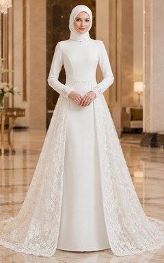 Vestido de novia sencillo musulmán de satén con cuello alto y sobrefalda de encaje desmontable