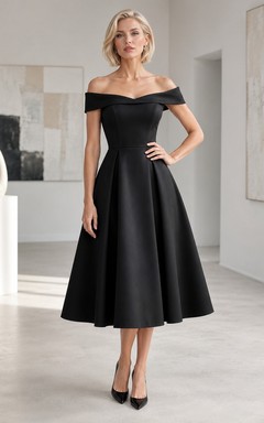Black Salon A-Line Tea-Length Off-Shoulder Short-Sleeve Satin Vintage Guest Dress