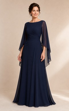 Dunkelblaues Chiffon-Kleid in A-Linie mit U-Boot-Ausschnitt und Cape-Ärmeln