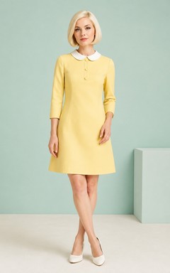 Robe courte trapèze jaune à col rond et manches trois-quarts