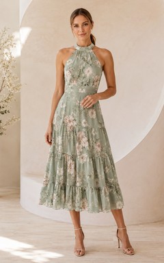 Halter Sleeveless Floral Chiffon A-Line Tea-length Bohemian Garden Dress