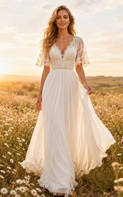 Boho V-Neck Flutter Sleeve Chiffon Country Wedding Dress