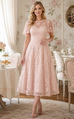 Blushing Pink Bridal Luncheon Short Sleeve Lace Tea Length A Line Dress