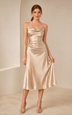 Robe de cocktail midi nuisette en satin champagne à col bénitier