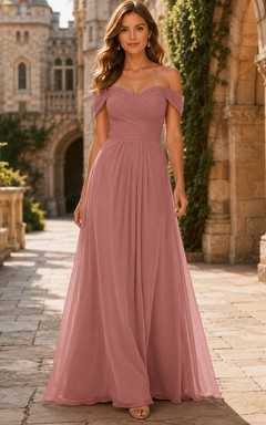 Grand Estate Formal Dusty Rose Romantic Elegant A-Line Chiffon Bridesmaid Dress with Off Shoulder Sweetheart Short Sleeve Floor-Length Low Back
