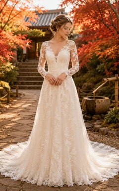 Robe de mariée Modest Destination à manches longues, décolleté en V plongeant, en dentelle, coupe trapèze, traîne chapelle illusion
