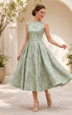 Ärmelloses, teelanges Kleid aus Jacquard-Stoff mit Rundhalsausschnitt in Salbeigrün