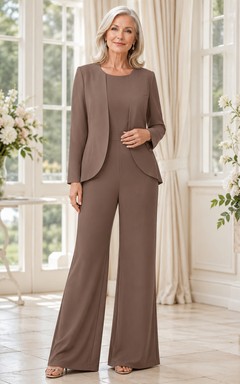 Taupe Mother Jumpsuit with Jewel Neck Asymmetrical Jacket and Wide Leg Pants