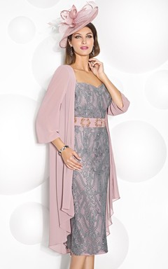Vestido de gasa de largo midi con apliques, mangas tres cuartos y escote redondo para la madre de la novia