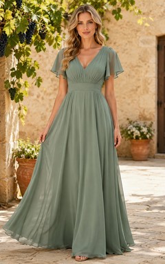 Sage Chiffon A-Line V-Neck Flutter Sleeve Pleated Low Back Floor-Length Bridesmaid Dress