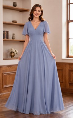 Blue V-Neck Short Sleeve Chiffon A-Line Gown Classic