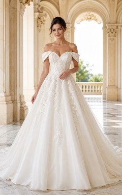 Romantic Lace Tulle Off shoulder Short A-Line Chapel Appliques Refined Zipper Back Wedding Dress