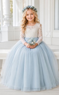Robe de demoiselle d'honneur bleu acier en dentelle et tulle, robe de bal longue à manches longues, col rond et ceinture.