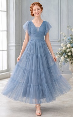 Stahlblaues Brautjungfernkleid für junge Damen, A-Linie, V-Ausschnitt, kurze Ärmel, wadenlang, mit Blütenblattmuster, Tüllrüschen, elegant
