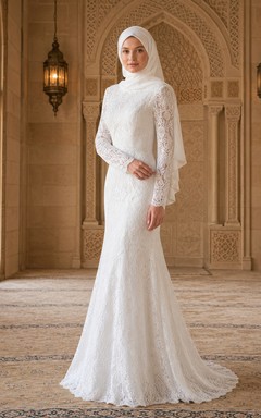 Modest Muslim Lace Sheath Long Sleeve Mosque Wedding Dress