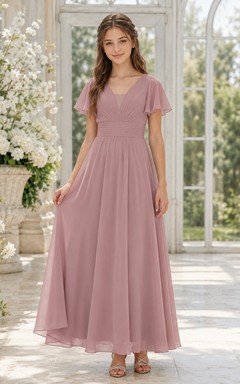 Romantisches Vintage-Brautjungfernkleid in Mauve für junge Damen, A-Linie, V-Ausschnitt, kurze Ärmel