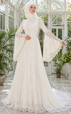 Modest Muslim Bell Sleeve Greenhouse Lace Bridal Gown