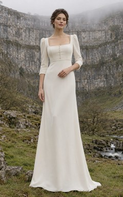 Vestido de novia vintage modesto de manga tres cuartos, corte recto, escote cuadrado, largo hasta el suelo.